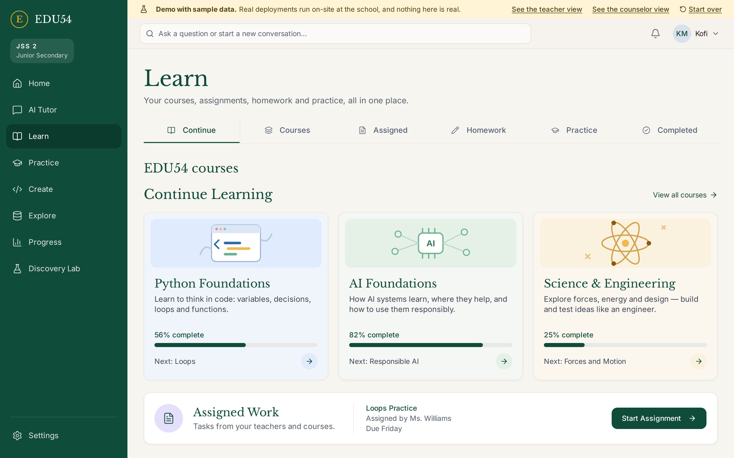 Courses, assignments and practice in the Learn screen